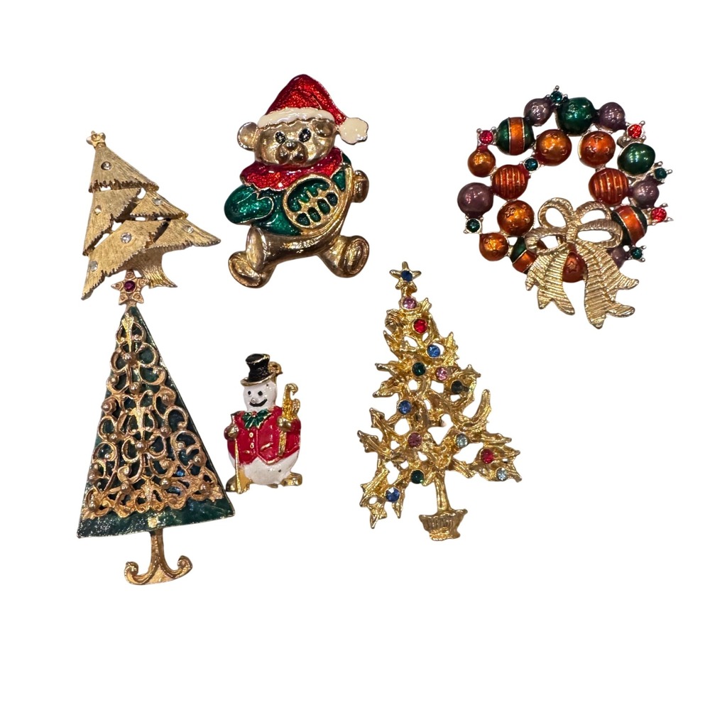 Lot of 6 Christmas Brooches Tree Snowman Bear‎ Wreath Vintage 2 stones missing